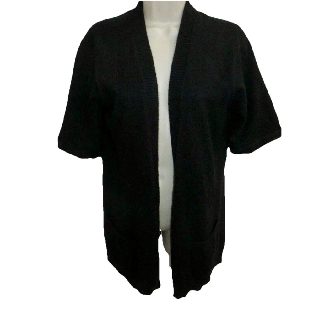 Ann Taylor Loft 100% Cashmere Black Half Sleeve Open Front Cardigan Pocket Small